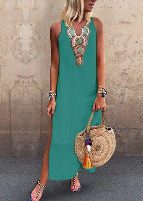 Yellow V Neck Embroidered Cotton Long Dress Sleeveless