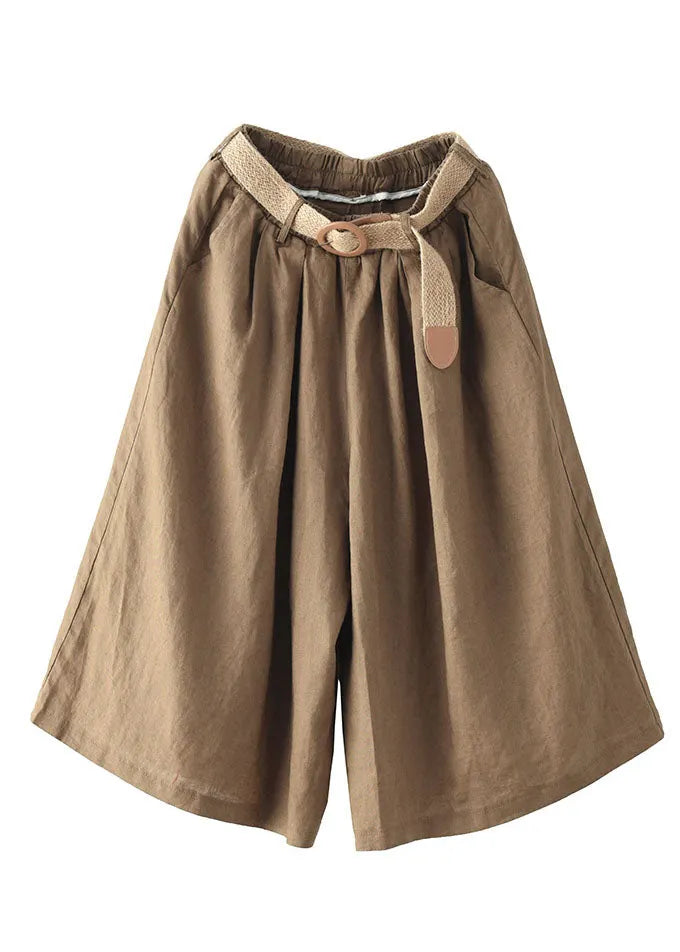 Khaki Elastic Waist Oversized Pockets Linen Wide Leg Crop Pants Summer