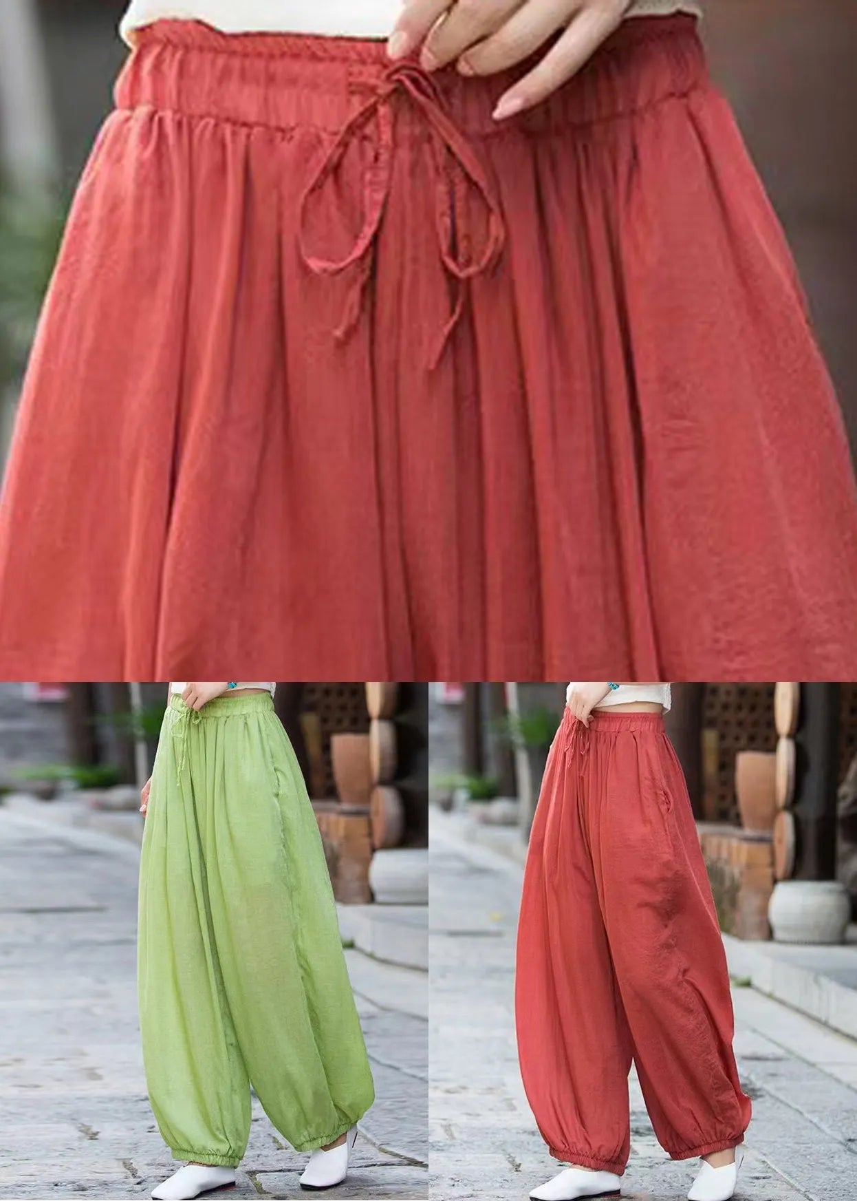 Rust Lace Up Linen Crop Pants Elastic Waist
