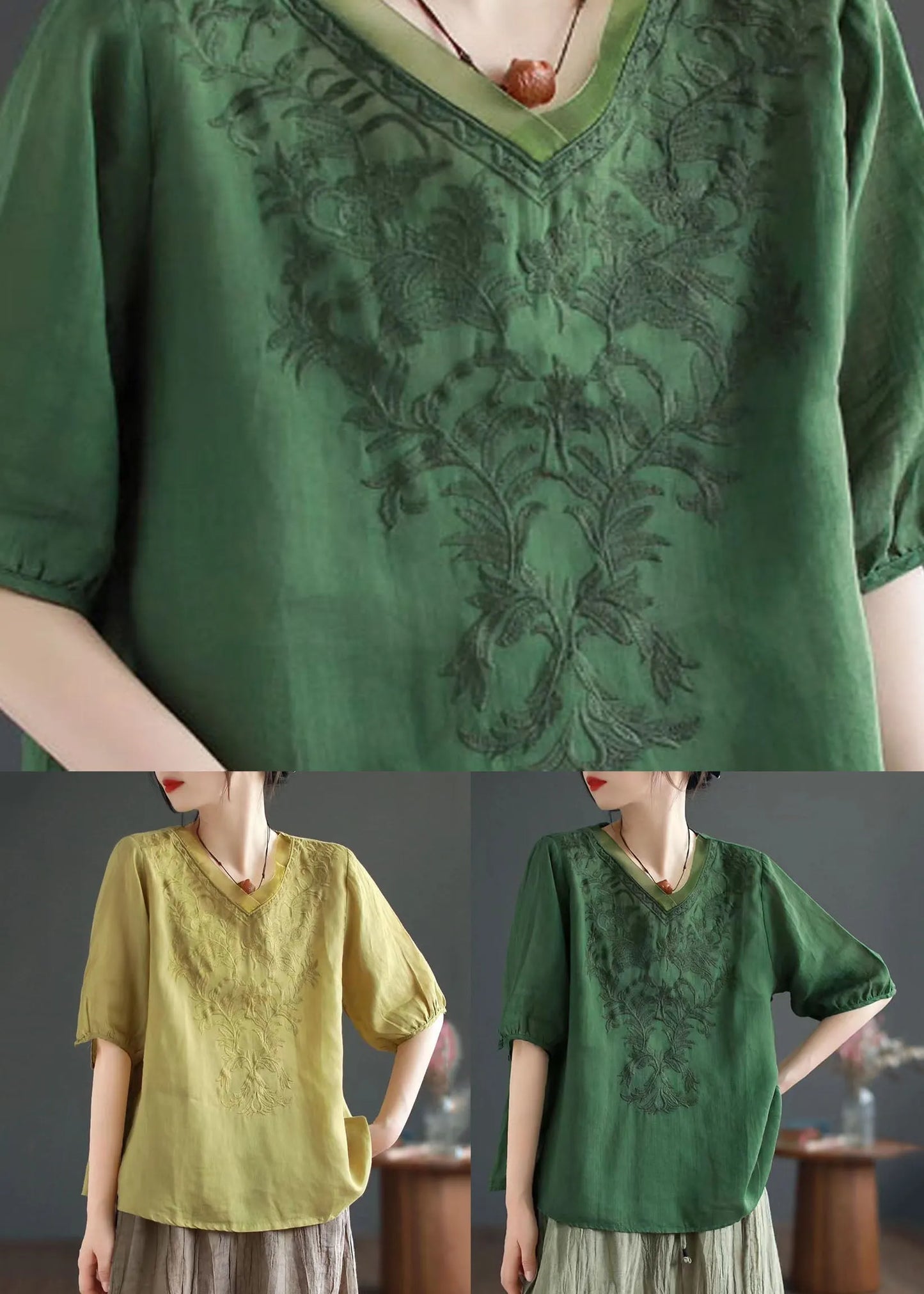 Green Patchwork Linen T Shirt Top V Neck Embroidered Summer