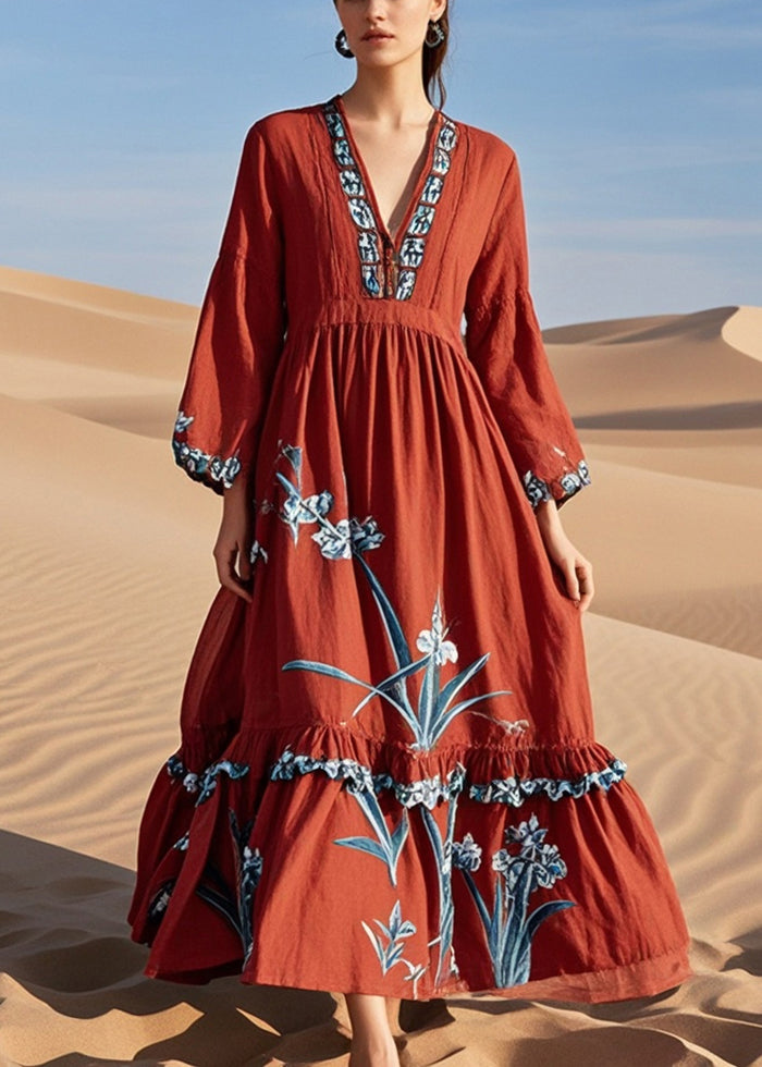 Diy Red Ruffled Print Cotton Maxi Dresses Fall