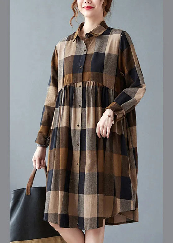 Peter Pan Collar Button Wrinkled Long Plaid Shirts Dress Long Sleeve