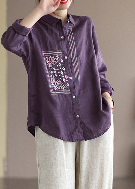 Purple Peter Pan Collar Embroidered Button Linen Shirt Long Sleeve