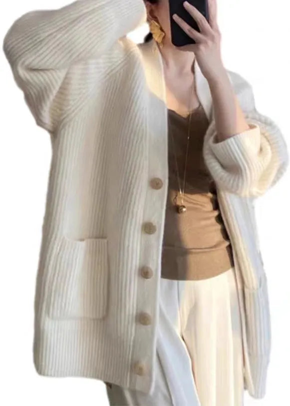 Beige V Neck Button Pockets Cotton Knit Coats Fall