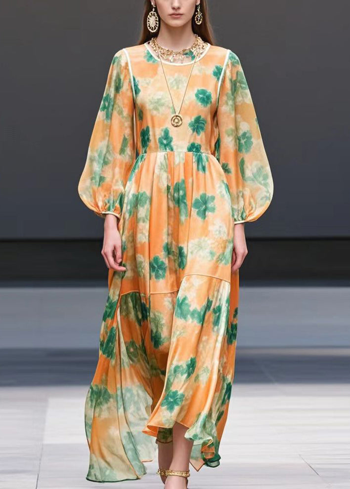 Orange Print Exra Large Hem Chiffon Long Dress Fall
