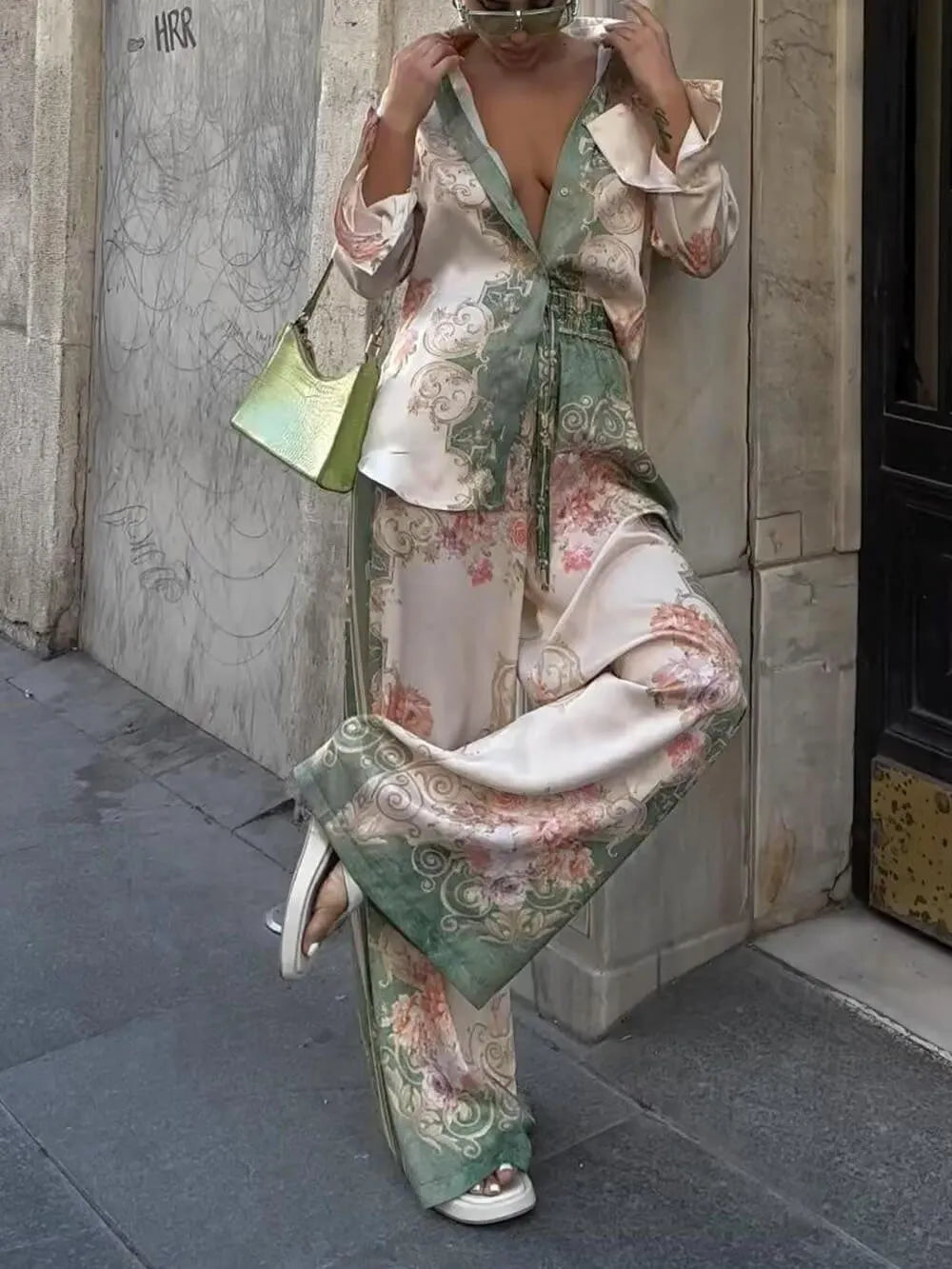Oversized Loose Unique Printed Stretch Waist Wide Leg Pants