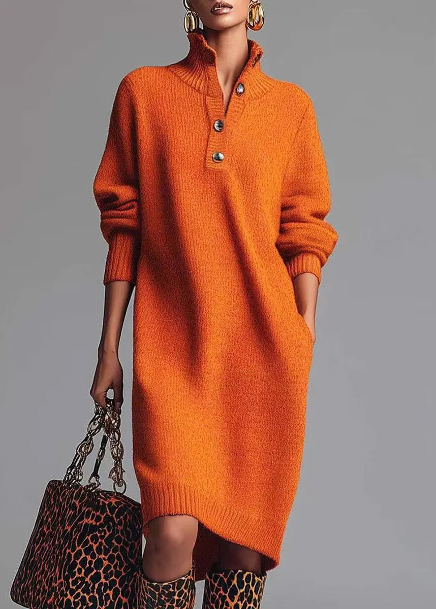 Yellow Hign Neck Button Knit Sweater Dress Winter