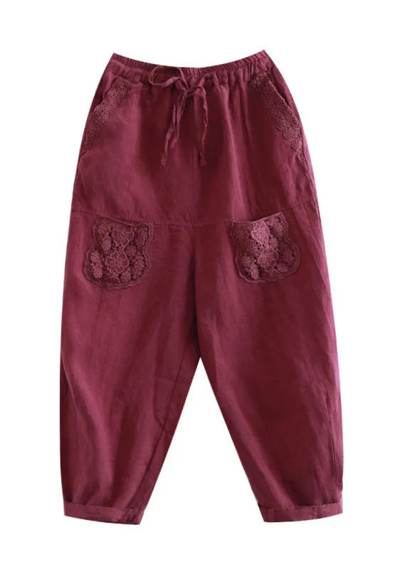 Mulberry Hollow Out Lace Patchwork Linen Harem Pants Fall