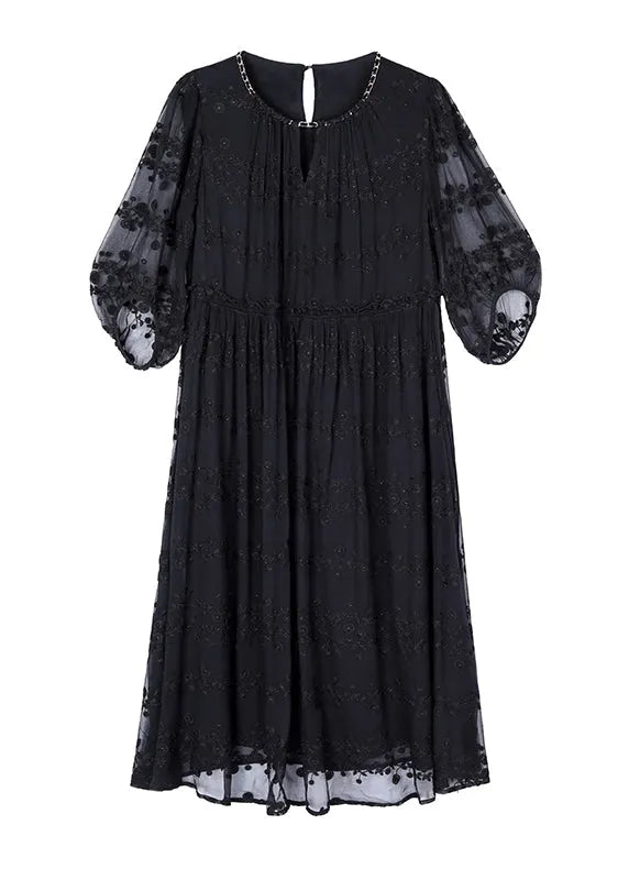 Black Embroidered Silk Long Dresses Bracelet Sleeve