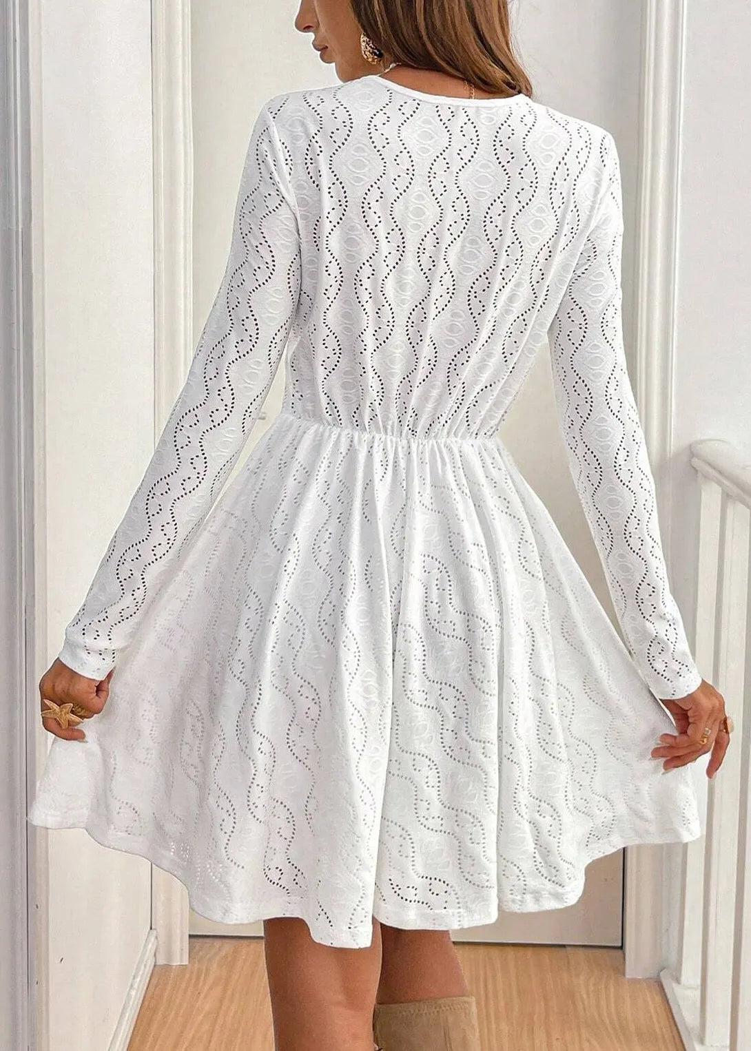 White V Neck Hollow Out Lace Dress Spring