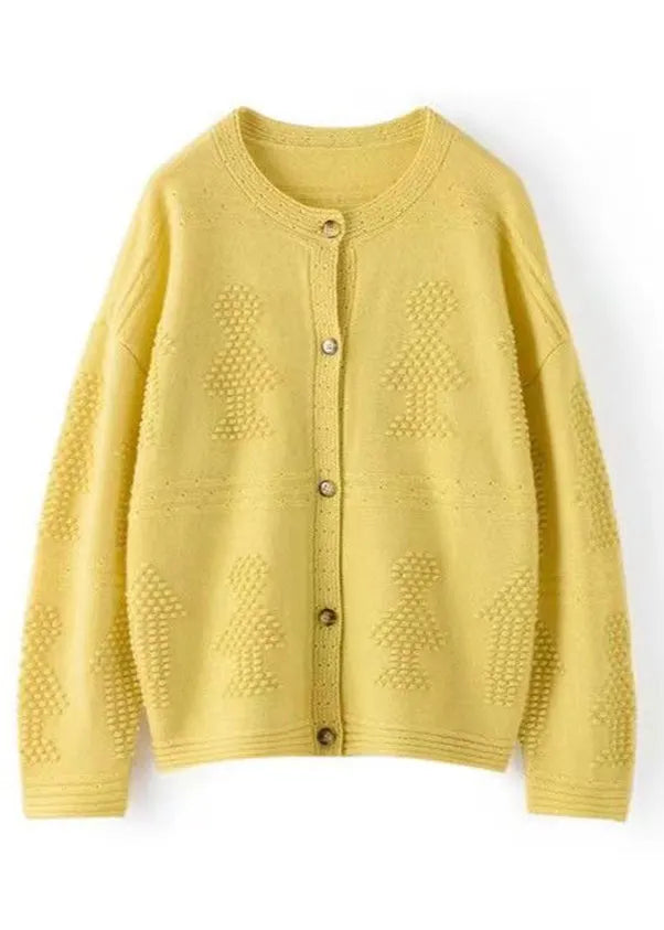 Loose Yellow Button Hollow Out Patchwork Cotton Knit Coats Long Sleeve