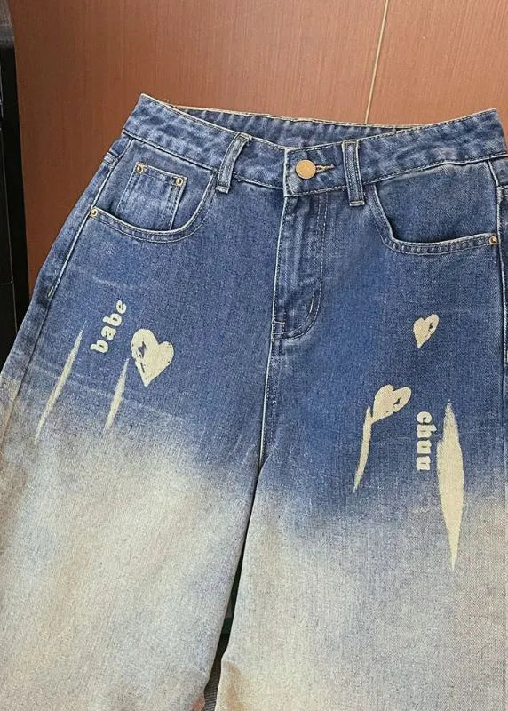 Denim Blue High Waist Pockets Tie Dye Wide Leg Pants Winter