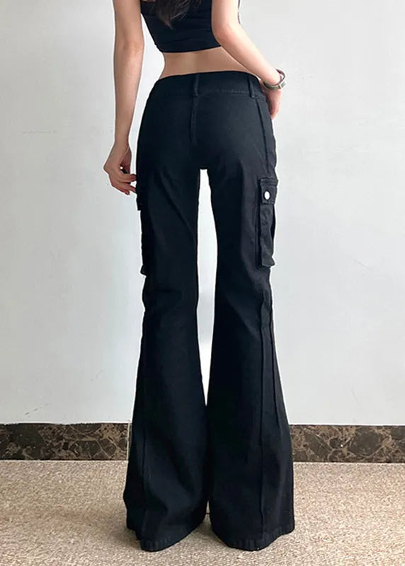 Black Zippered Pockets Patchwork High Waist Denim Flared Trousers