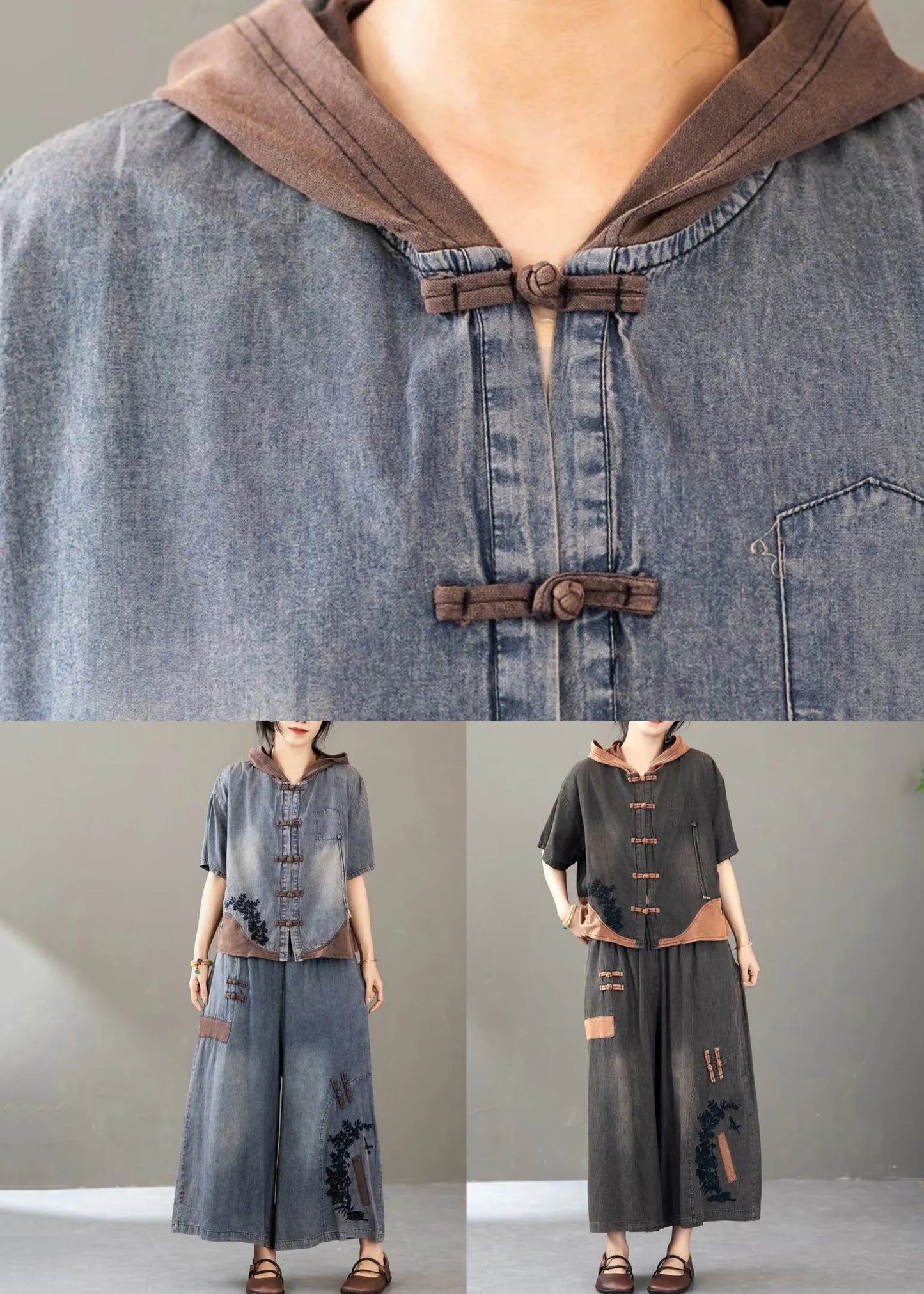 New Blue Embroidered Tops and Wide Leg Pants Two Pieces Set Summer