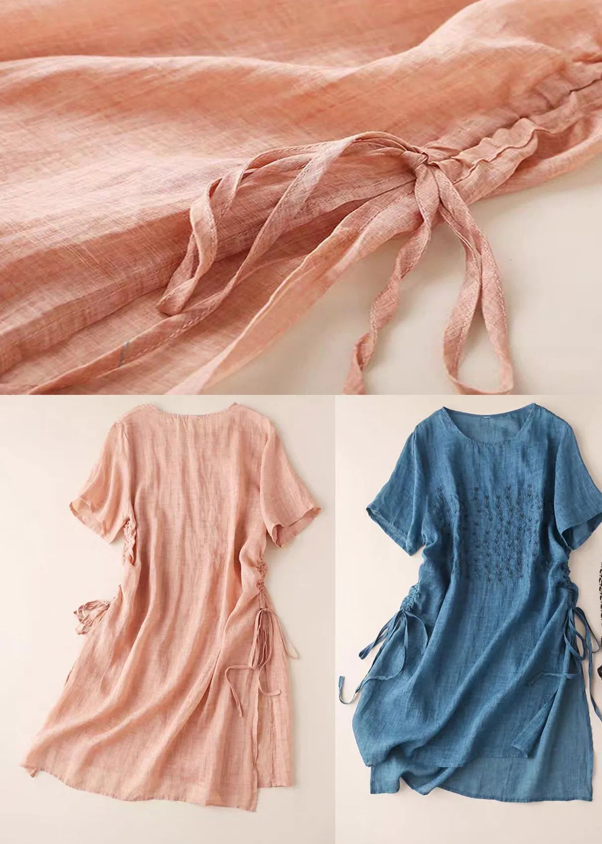 Blue O-neck Embroidered Cotton Dress Short Sleeve