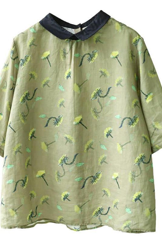 Cotton Linen Breasted Print T-shirt