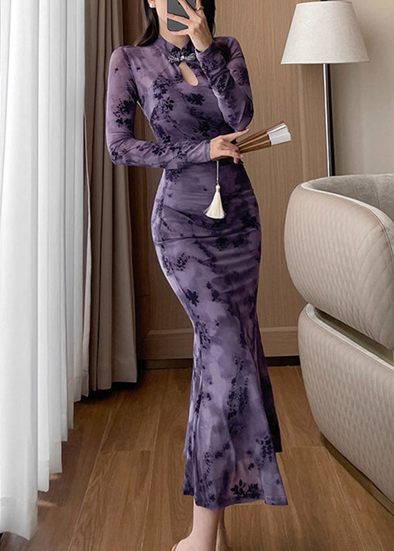 Purple Stand Collar Print Hollow Out Maxi Dress Fall