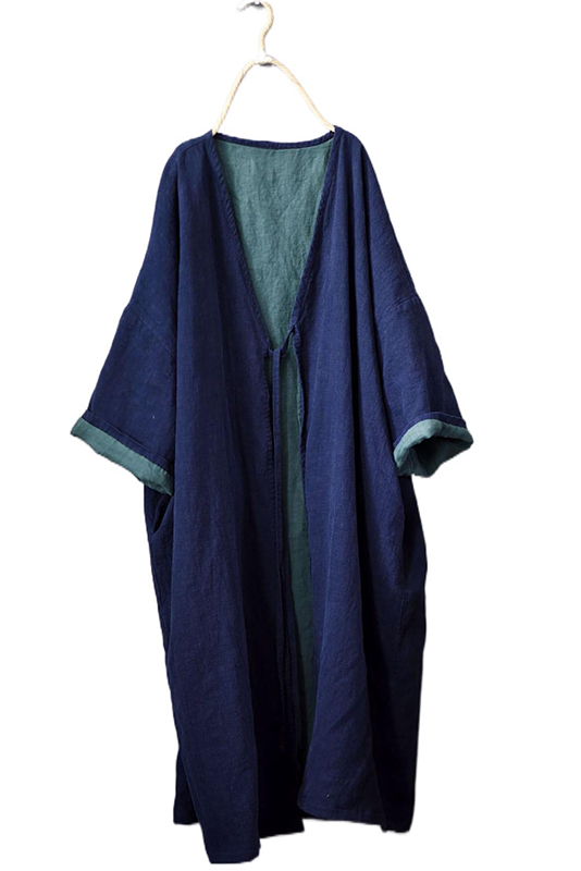 -fall Retro Cotton Linen Robe Blue Coat
