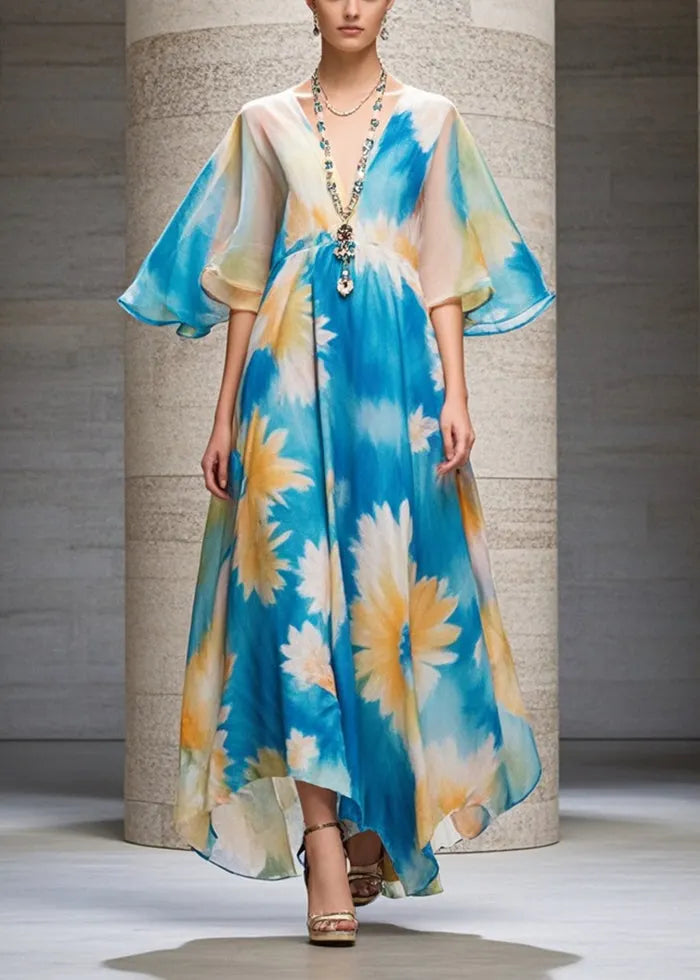 Blue V Neck Print Chiffon Long Dress Summer