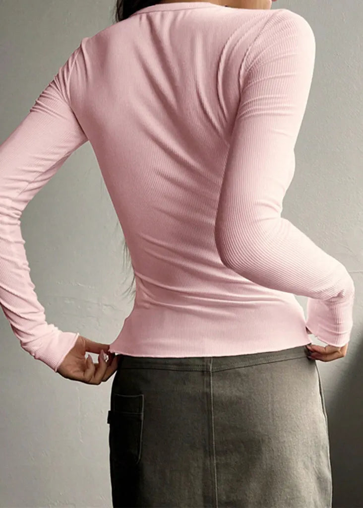 Pink O Neck Button Slim Fit Knit Top Fall