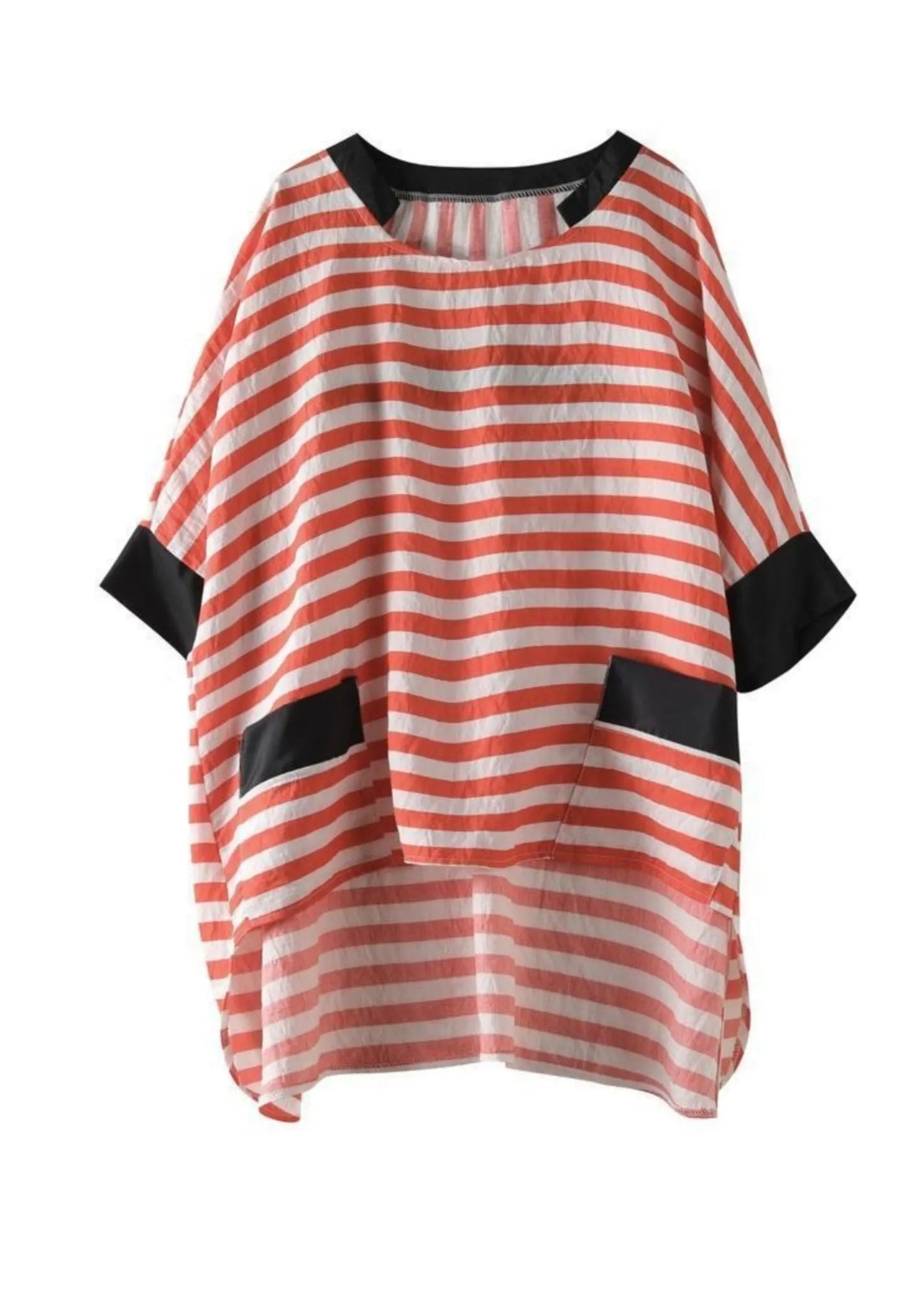 Black O Neck Striped Low High Design Cotton Shirt Top Summer