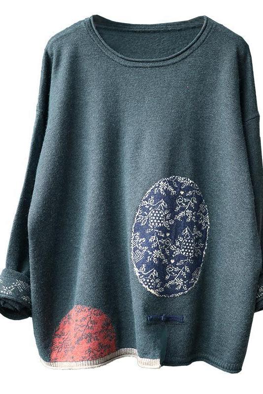 Lotstrends Retro Pattern Printed Loose Knitted Sweater