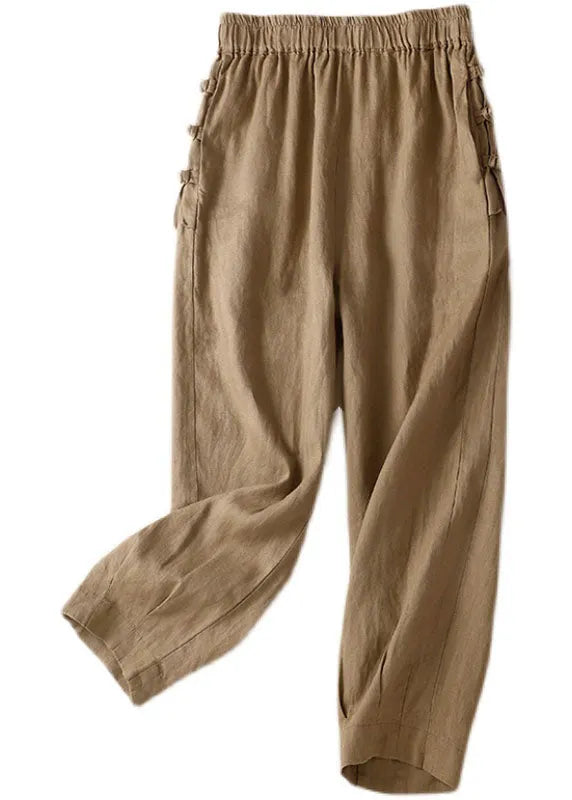 Simple Khaki Elastic Waist Oriental Button Color Linen Harem Pants Trousers Summer