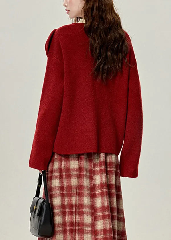 Red O Neck Versatile Knit Sweaters Spring