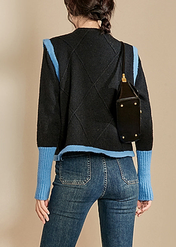 Blue O-neck Patchwork Cotton Knit Sweaters Winter