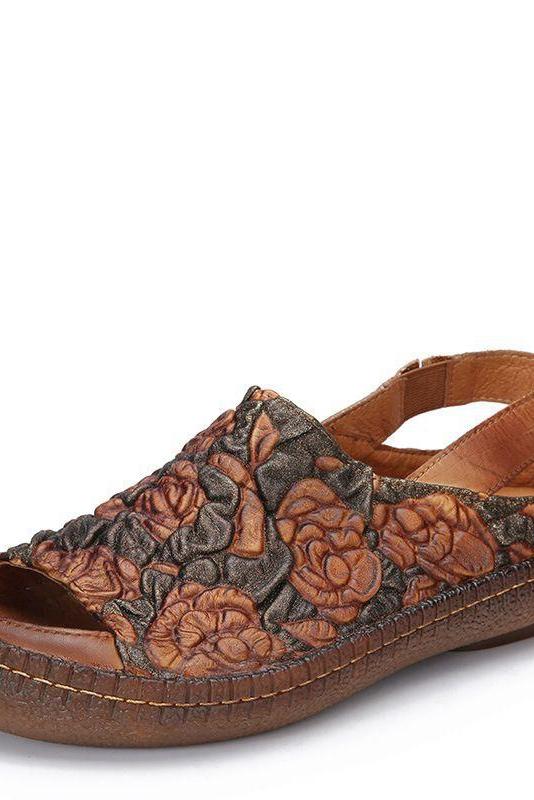 Genuine Leather Sandals Flower Elastic Band Flat Heel Sandals
