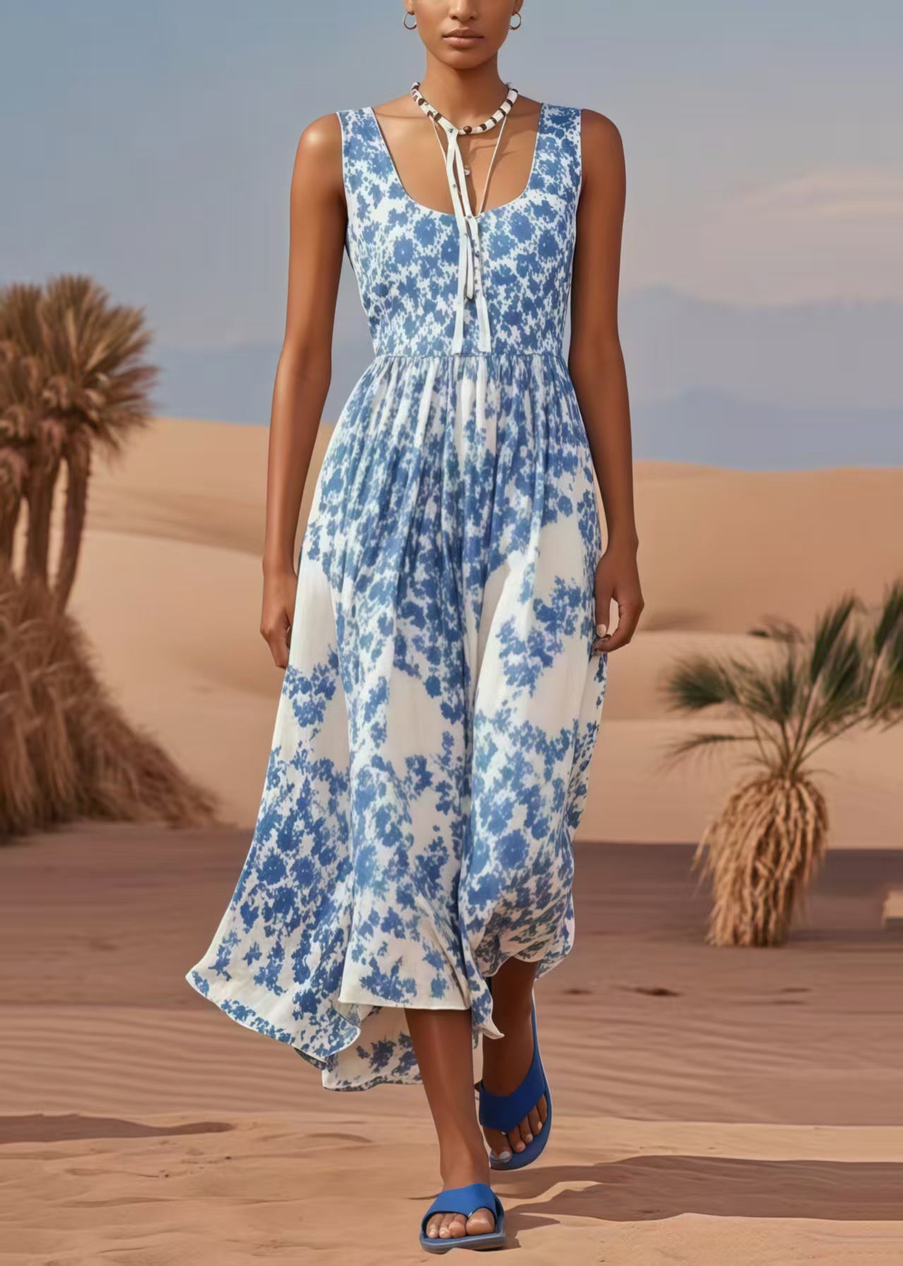 Blue U Neck Print Cotton Holiday Dress Summer