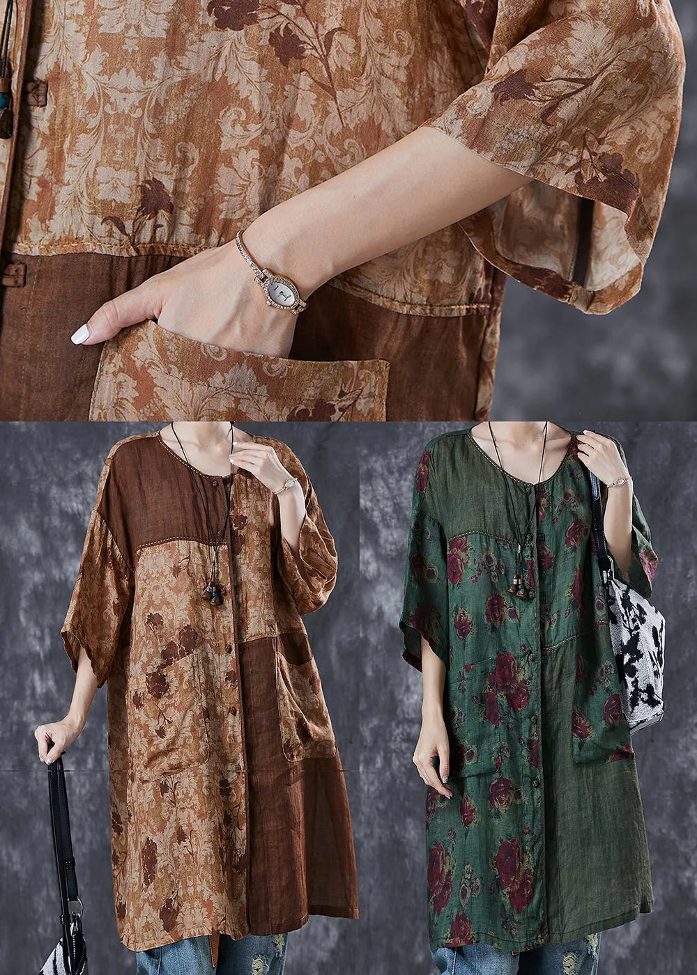 Khaki Oversized Patchwork Linen Dresses Summer