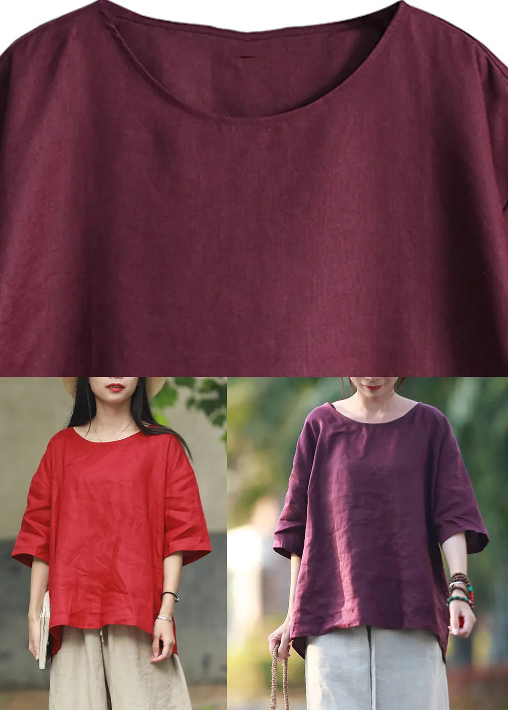 Purple O-neck Linen Shirts Summer
