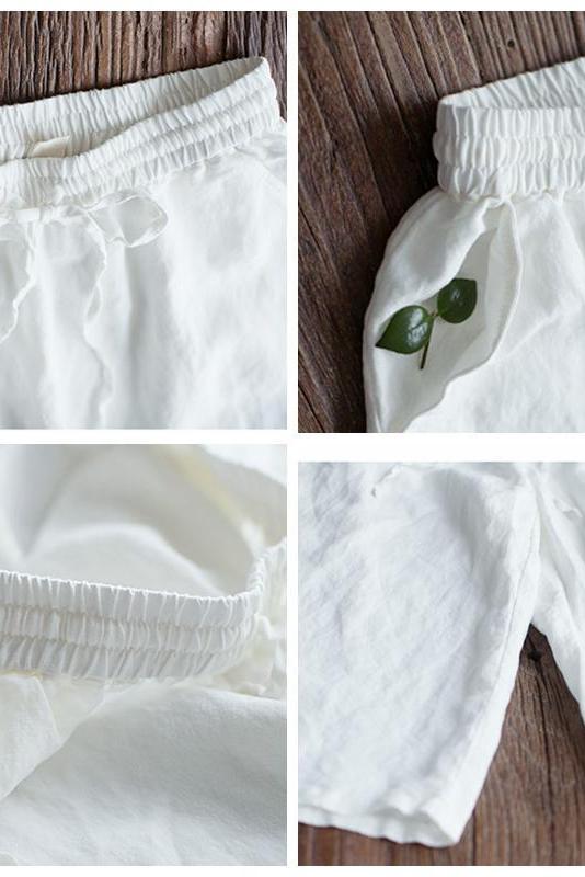 White Linen Elastic Waist Wide Leg Pants