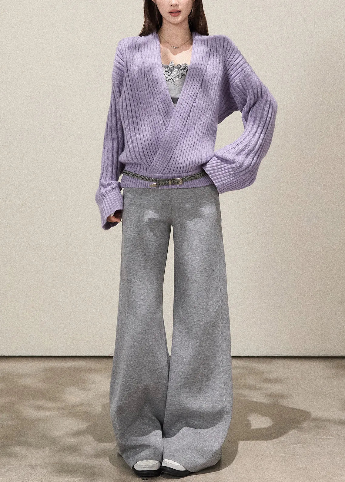 Fine Lavender V Neck Striped Knit Sweater Fall