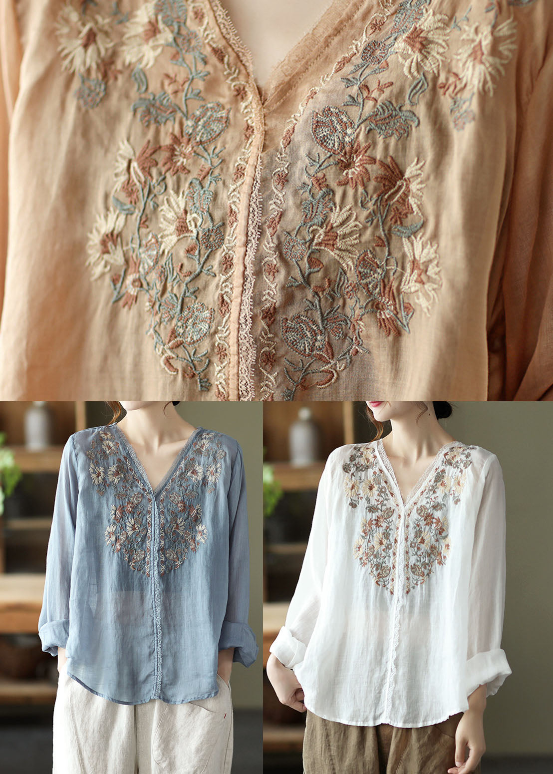 Stylish Lake Blue Embroidered Linen Blouse Tops Long Sleeve