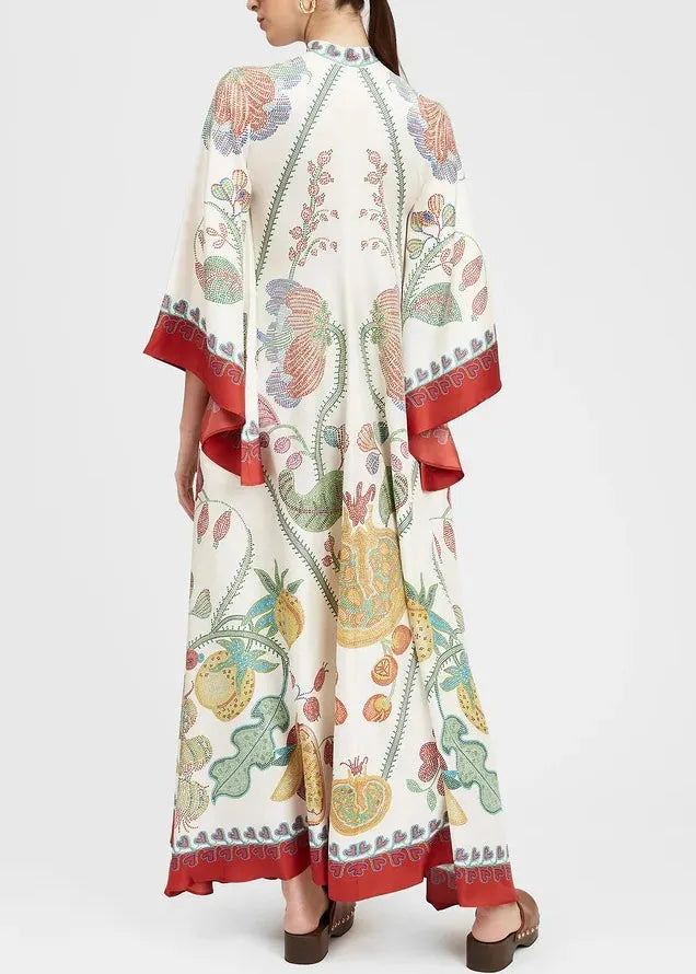White Print Wear on Both Sides Silk Maxi Dresses Bracelet Sleeve