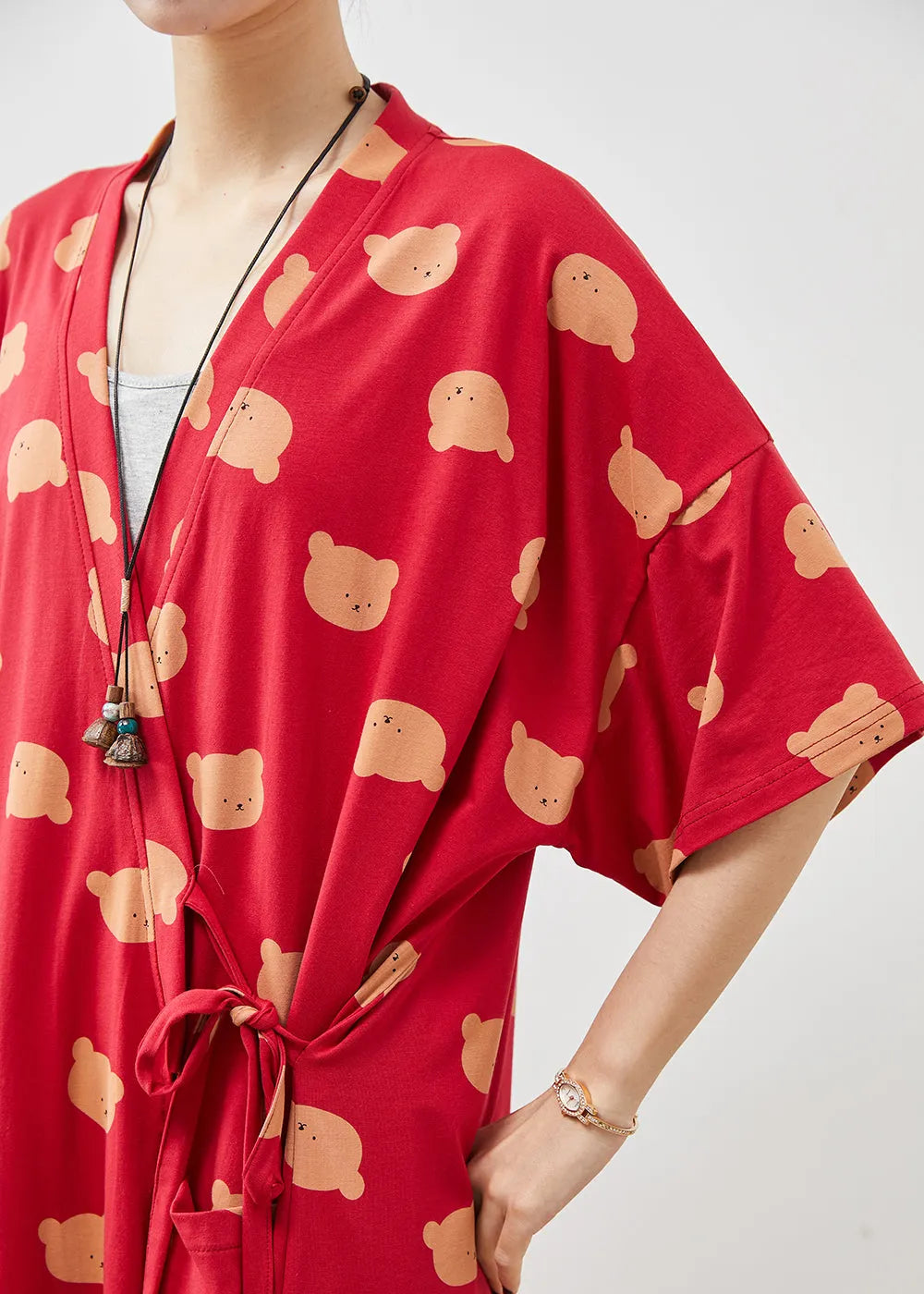 Boutique Red Lace Up Bear Print Cotton Cardigan Dress Summer