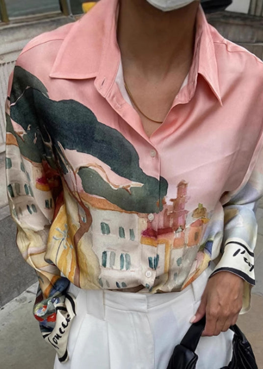 New Pink Print Shirts and Shorts Ice Silk Two Pieces Set Summer