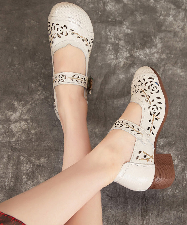 Chocolate Chunky Heel Cowhide Leather Hollow Out Splicing Buckle Strap
