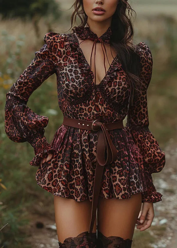 Pastoral Style Leopard Ruffled Mini Dresses Lantern Sleeve