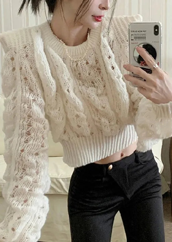Green Puff Sleeve Hollow Out Knit Short Sweater Spring