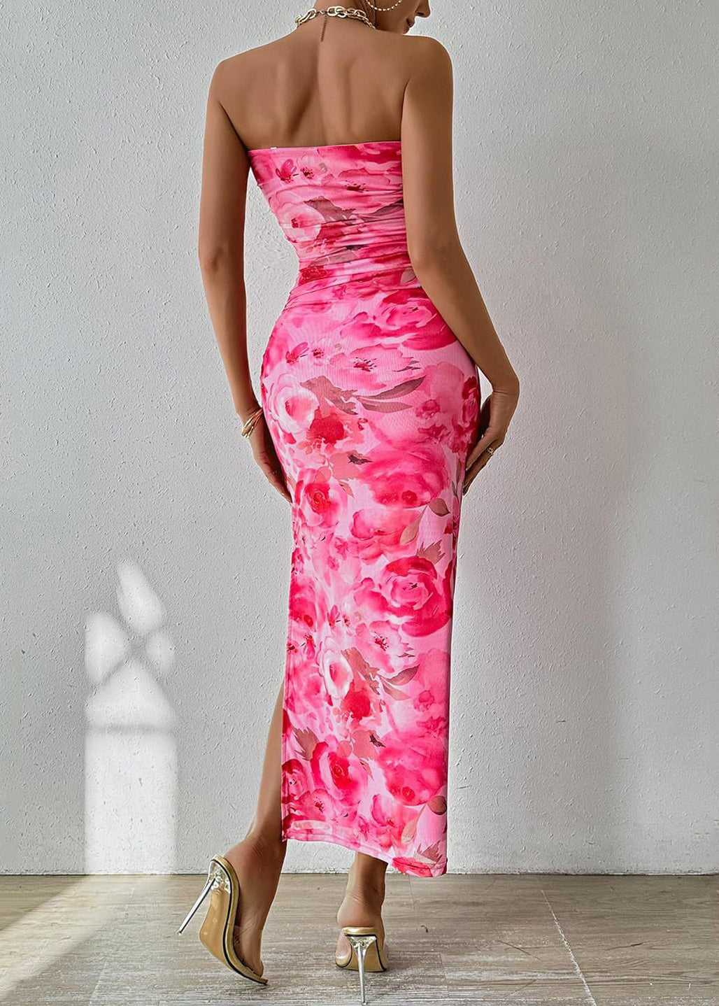 Slim Fit Pink Print Side Open Cotton Strapless Dresses Summer