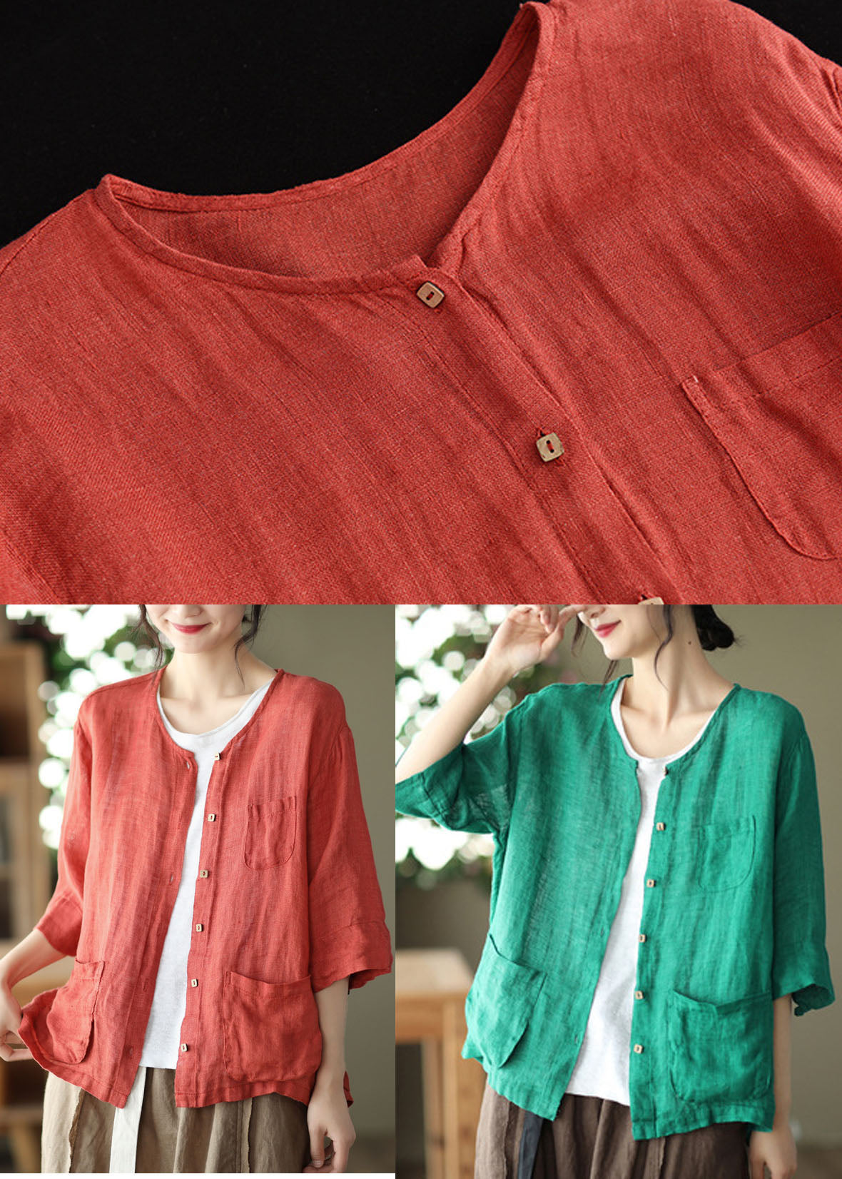 Red O-neck Pockets Linen Loose Cardigans Half Sleeve