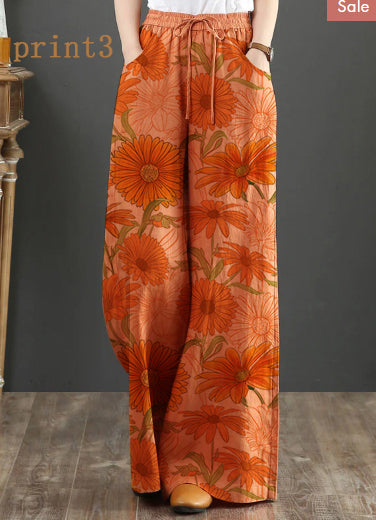 Orange-print2 Elastic Waist Linen Straight Pants Color Drawstring Summer