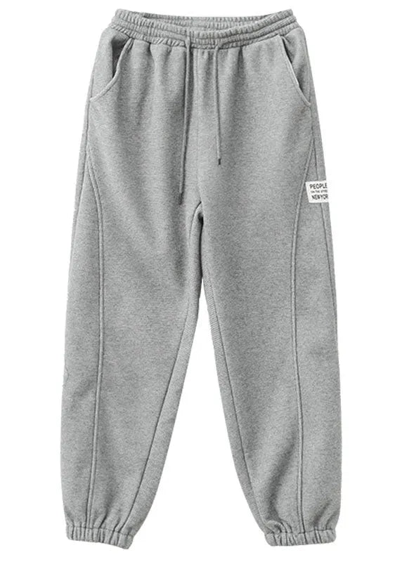 Diy Grey Elastic Waist Patchwork Warm Fleece Pants Winter