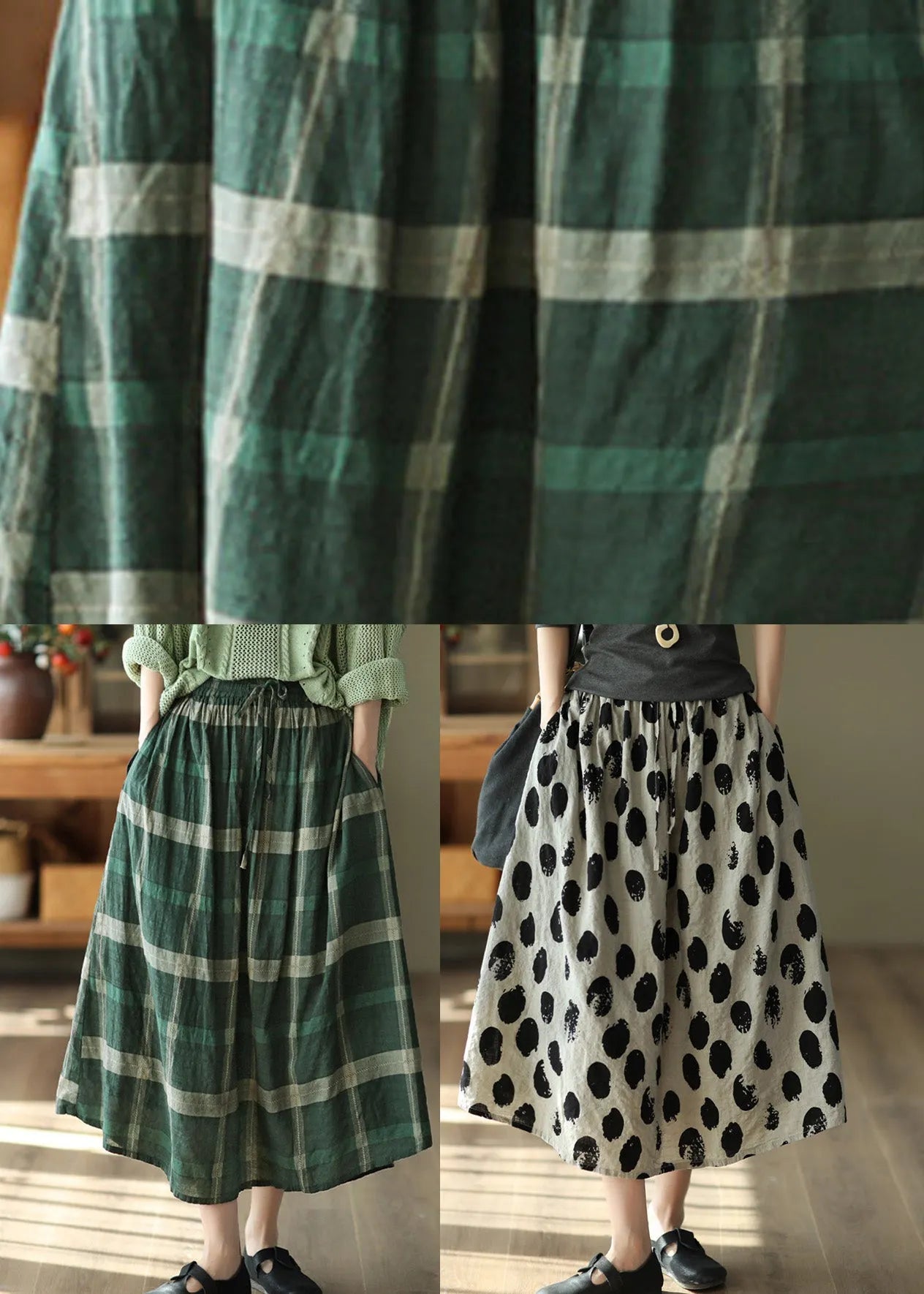 Green Plaid Tie Waist a Line Skirts