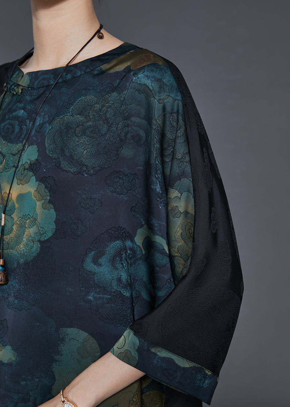 Black Tasseled Patchwork Silk Shirts Bracelet Sleeve