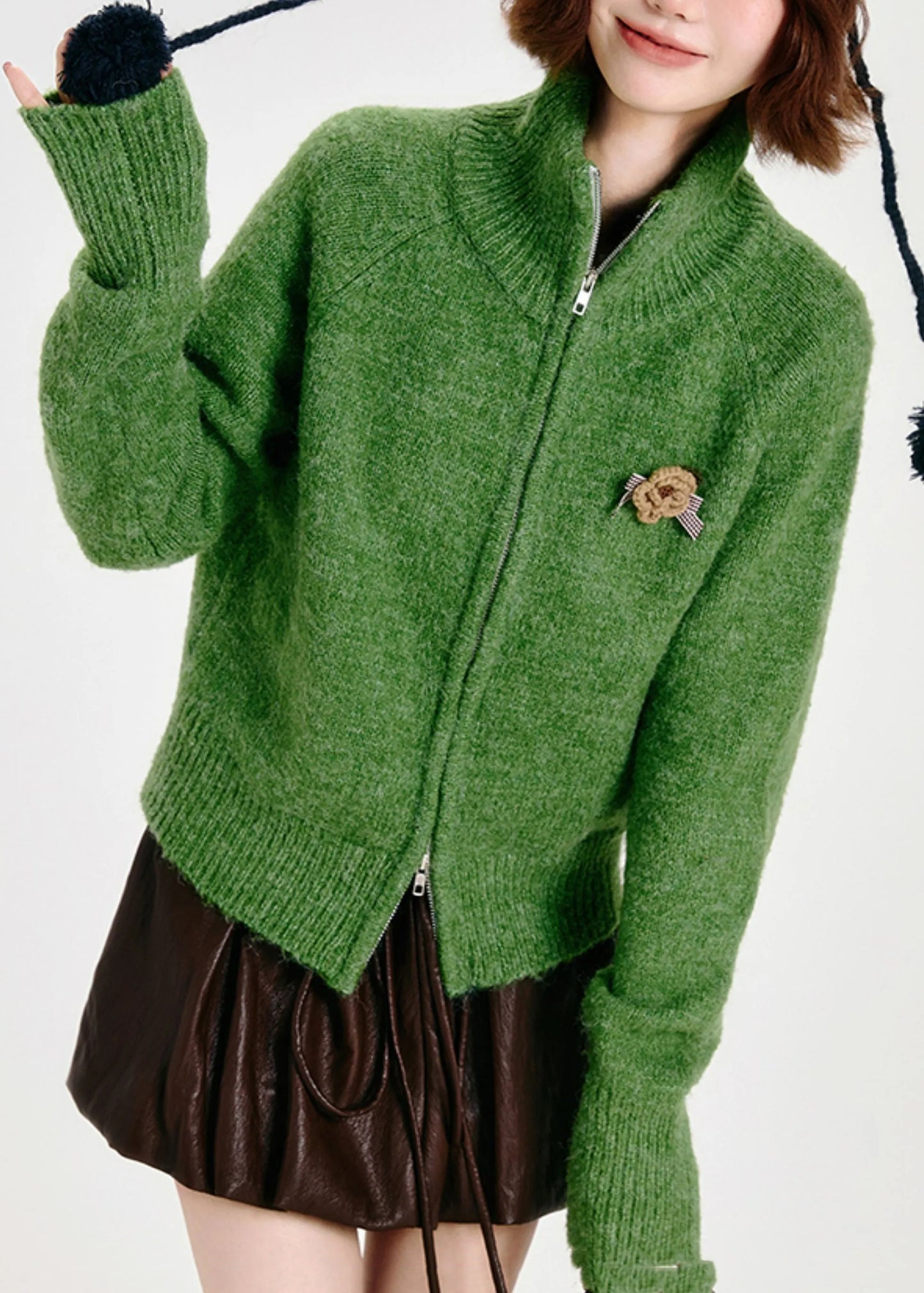 Modern Tea Green Zip Up Knit Cardigans Winter