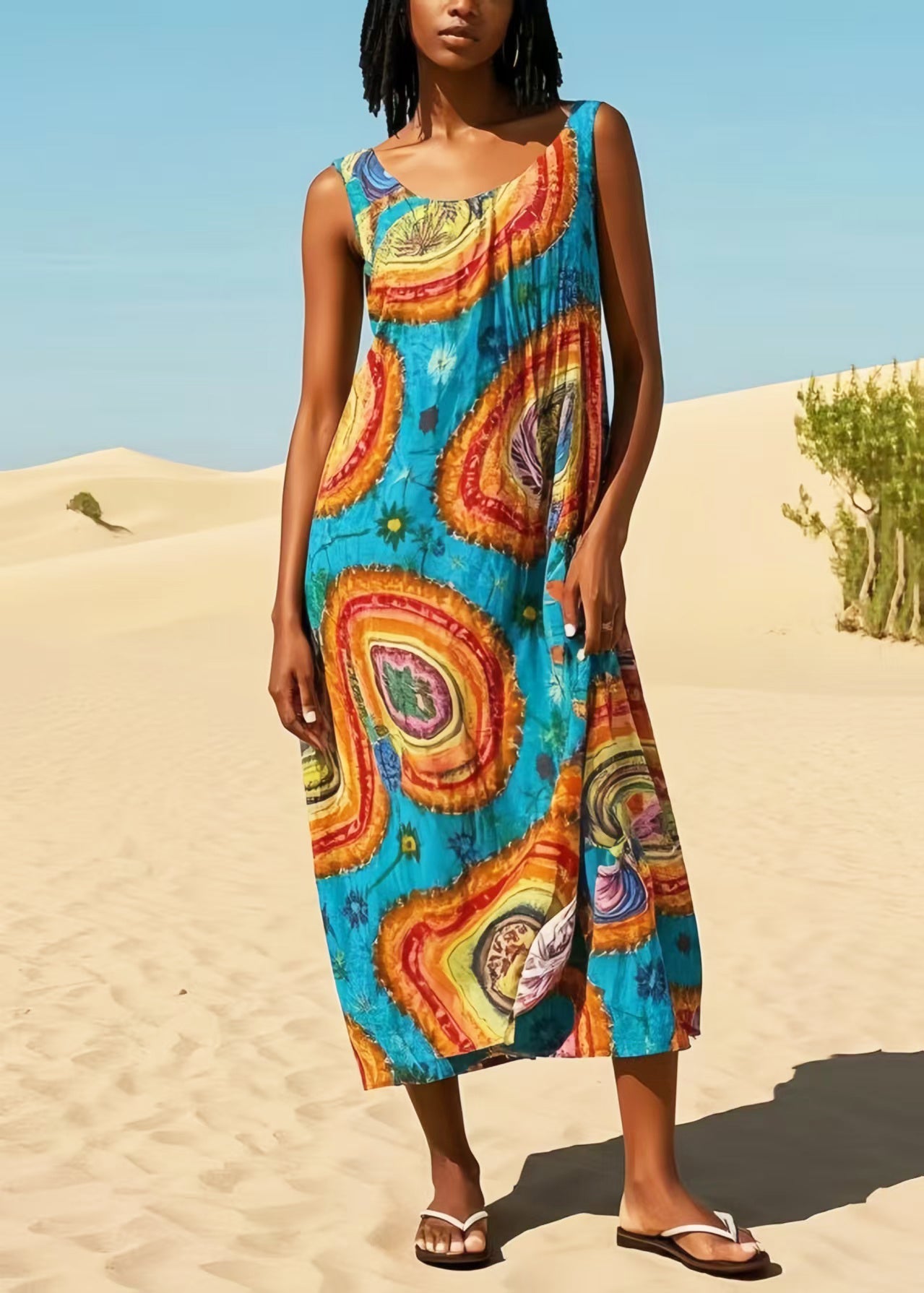 Blue Oversized Print Cotton Maxi Dresses Summer